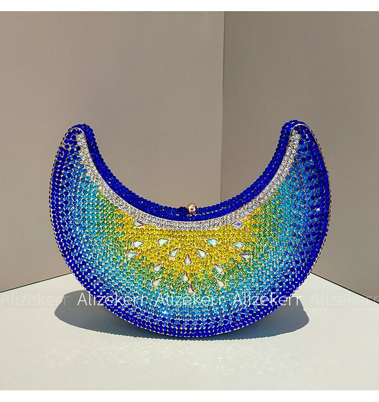 Moon Shaped Diamond Evening Bag with Watermelon Rhinestones for Women