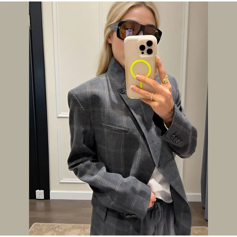 Vintage Plaid Lapel Blazer and Shorts Set for Women