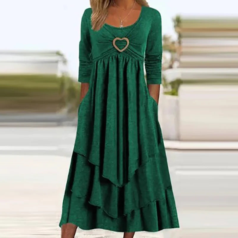Long Sleeve Patchwork Midi Dress With Pockets for Women
