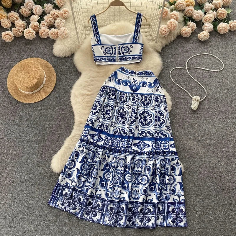 Blue and White Porcelain Print Two Piece Set for Women