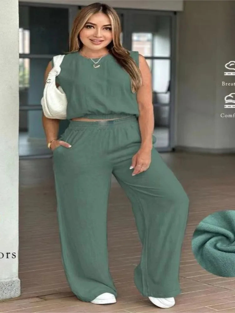 Casual Summer Sleeveless Wide-Leg Two-Piece Set for Women