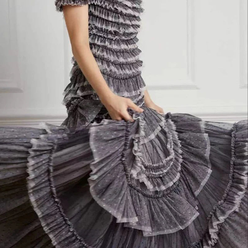 KUCLUT Fashion Women's Multi Layer Mesh Patchwork Dress Elegant Heavy Industry Evening Party Ruffled Short Sleeve Dresses YZJ28