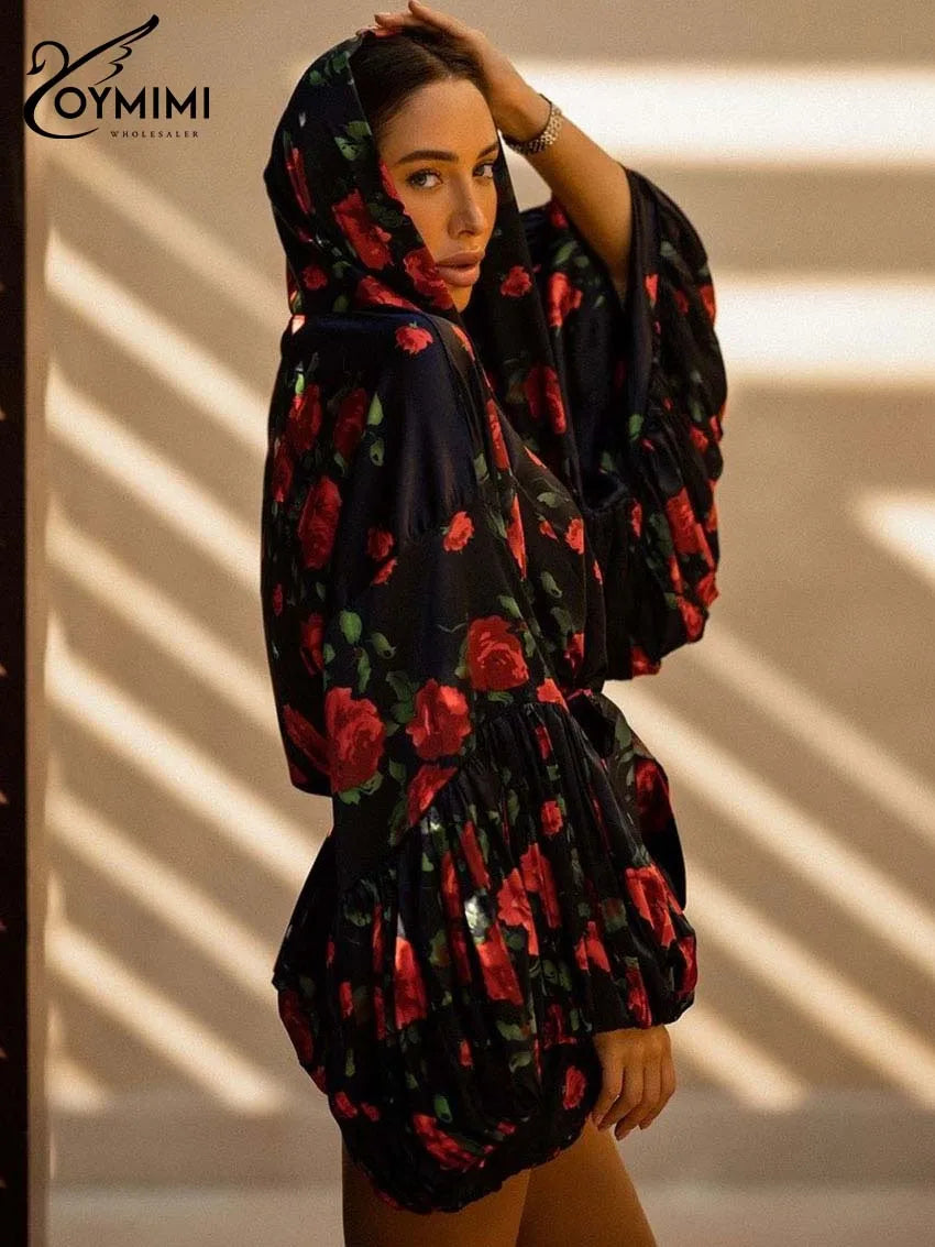 Oymimi Fashion Black Print Dresses 2025 Woman Elegant Deep V-Neck Lantern Sleeve Lace-Up Dresses Casual Loose Mini Dress Female