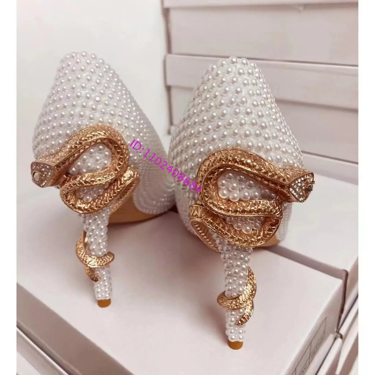 Golden Pearl Embellished Bridal High Heel Pumps For Women