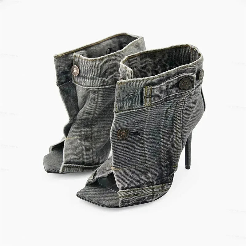 Elegant Denim Look Strappy Peep Toe Stiletto Sandals for Women