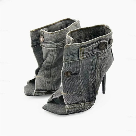 Denim Strappy Peep Toe Stiletto Sandals