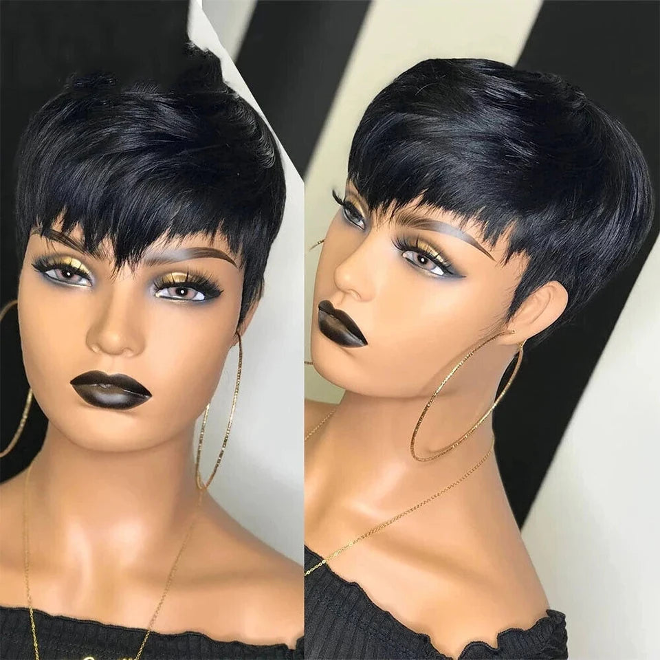 Dark Red Pixie Cut Wig 1B/99J Human Hair Short Bob Wig With Bang Brazilian None Lace Wigs For Women Full Machine Human Hair Wig