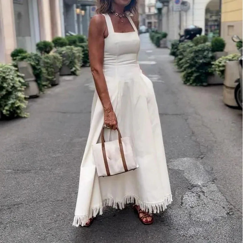 Fashion Square Collar Waist Slim Long Dress Women Casual Sleeveless Pocket Solid Party Dress Elegant Tassel Splicing Maxi Dress
