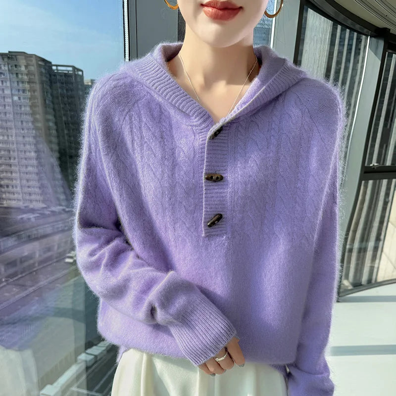 Chunky Knit Loose Hooded Pullover Sweater for Women