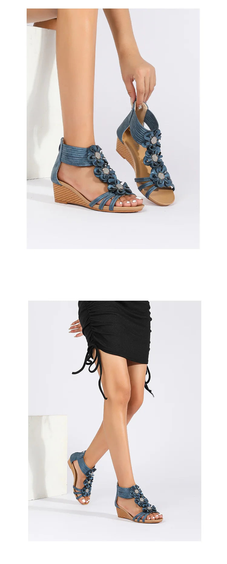 Bohemian Floral Vintage Leather Wedge Sandals for Women