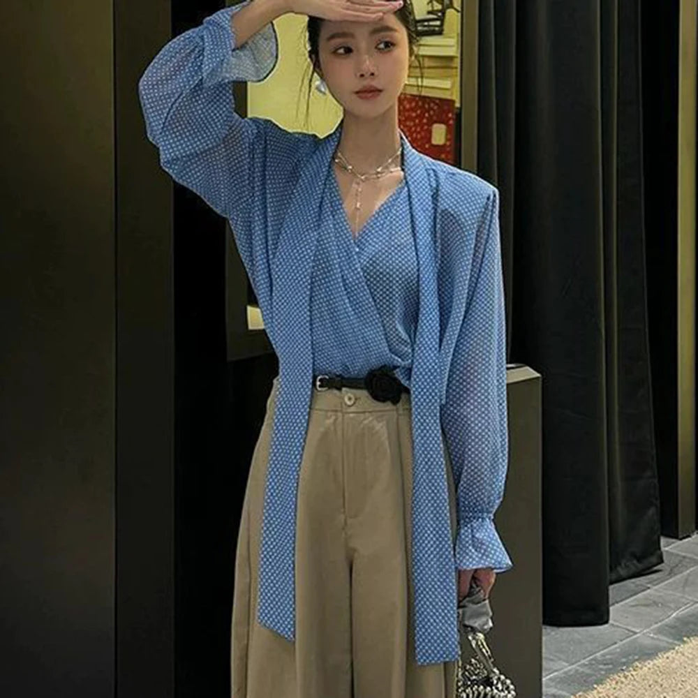 Long Sleeve Blue Polka Dot V Neck Chiffon Sun Protection Shirt for Women