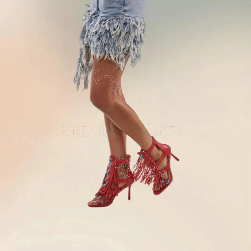 Red Metal Button Tassels Open Toe Sandals with Back Zipper Thin Heels for Women