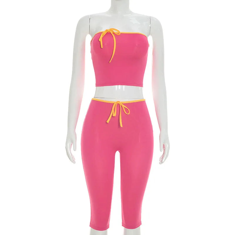 Rose Red Patchwork Lace-Up Two Piece Set for Women