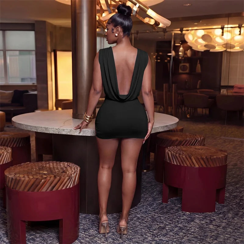 Sexy Deep V-Neck Backless Ruched Mini Dress for Women