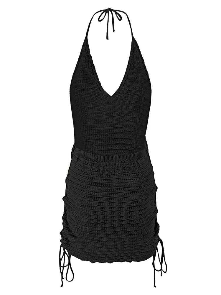 Solid Knit Halter V-neck Side Cross Straps Slim Beach Mini Dress 2025 Women Crochet Beach Swimsuit Cover Up Vacation Outfit K104