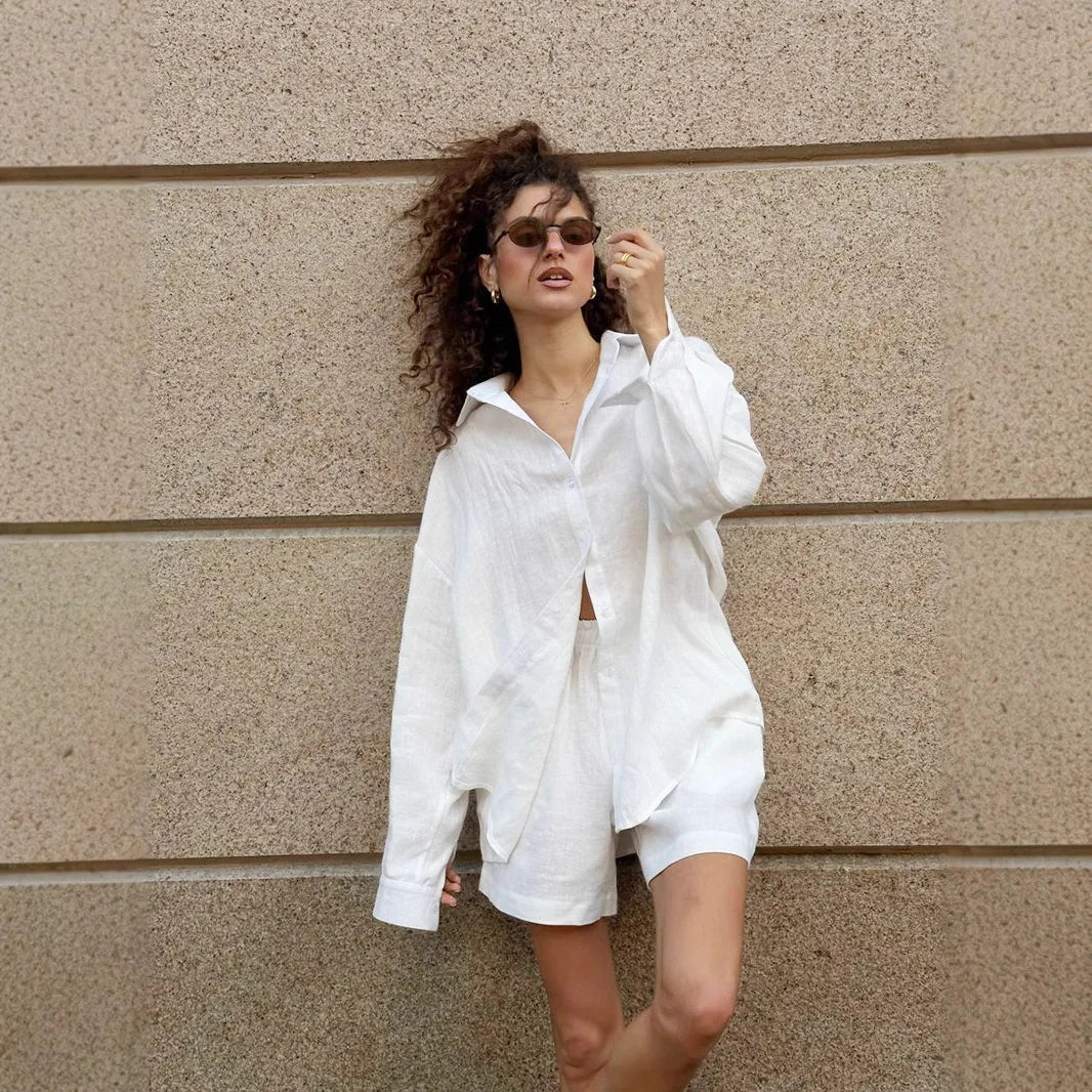 Lightweight White Cotton Summer Two Piece Set for Women