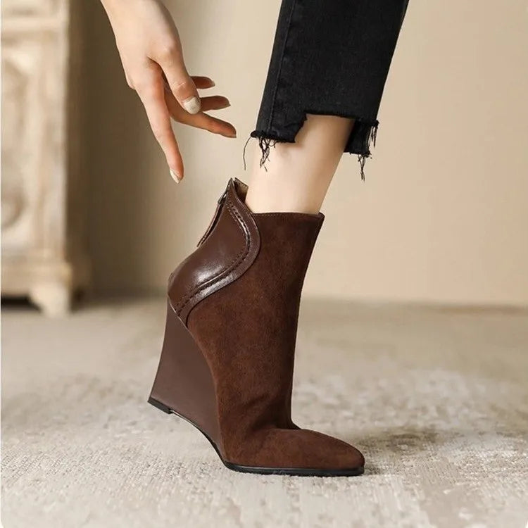 Vintage Pointed Toe Wedge Ankle Boots With Back Zipper For Women