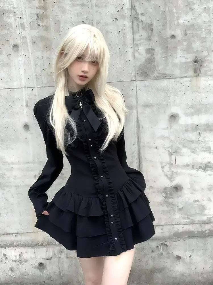 Black Gothic Long Sleeve Bow Tie Stand Collar Dress For Women