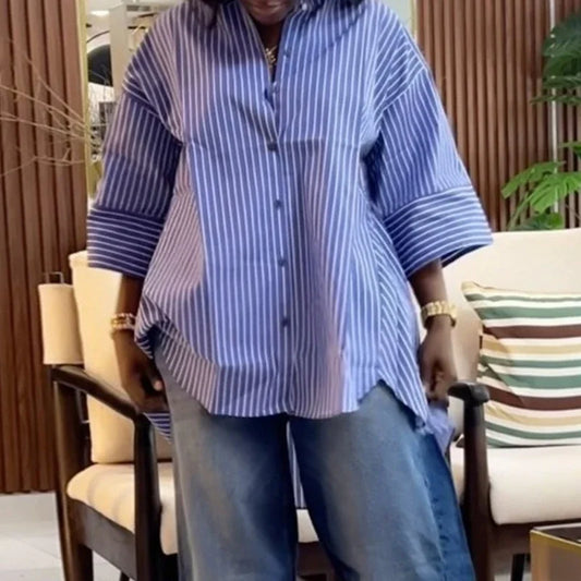 Casual Women's Shirts Striped Button Down Elegant Loose Lady Office Blouse Fashion Versatile Top for Female New 2025 Summer