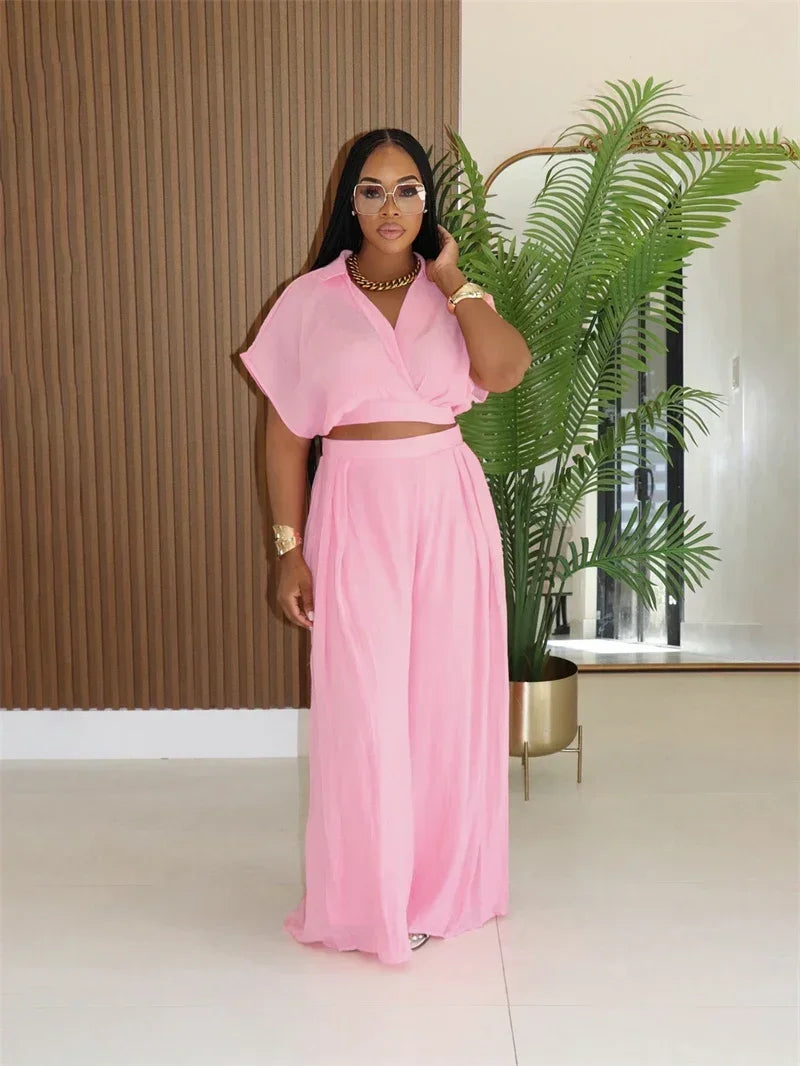 Relaxed Casual Crop Top And Wide Leg Pants Set for Women