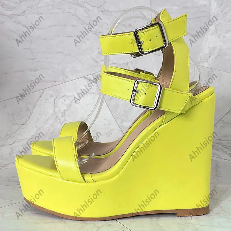 Yellow Open Toe Buckle Platform Wedge Sandals For Women