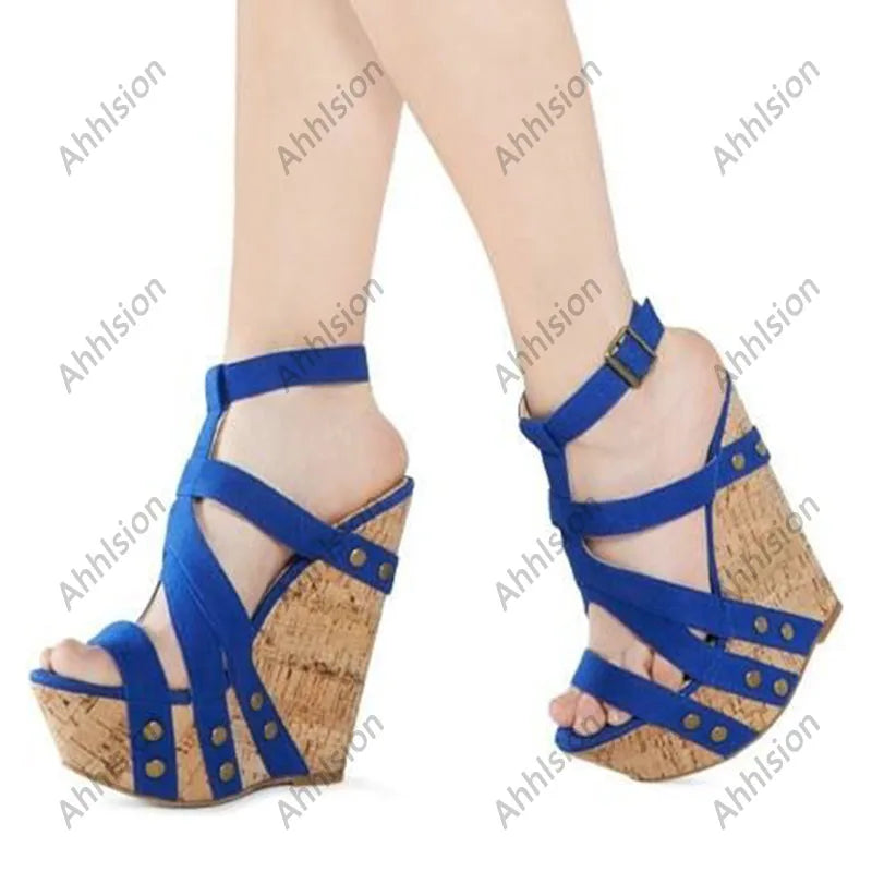 Elegant Round Toe Blue Platform Wedge Sandals For Women