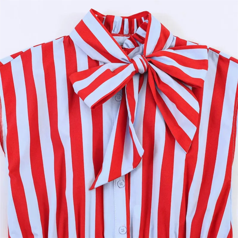 Chic Striped Sleeveless Bow Tie Collar Blouse for Women