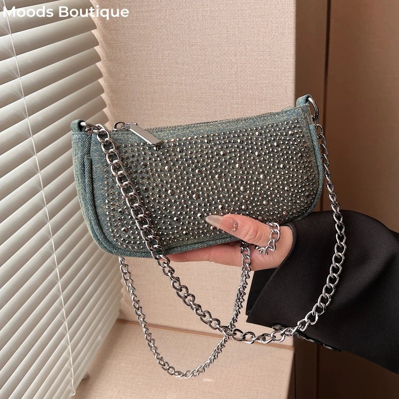 Rhinestone Appliqued Chain Shoulder Crossbody Bags for Women