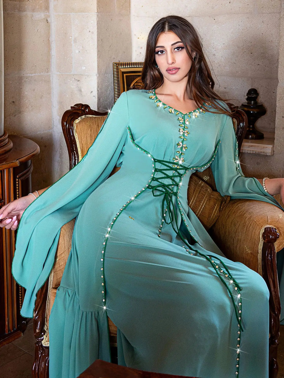 Diamond Embellished Moroccan Kaftan Maxi Dress for Women