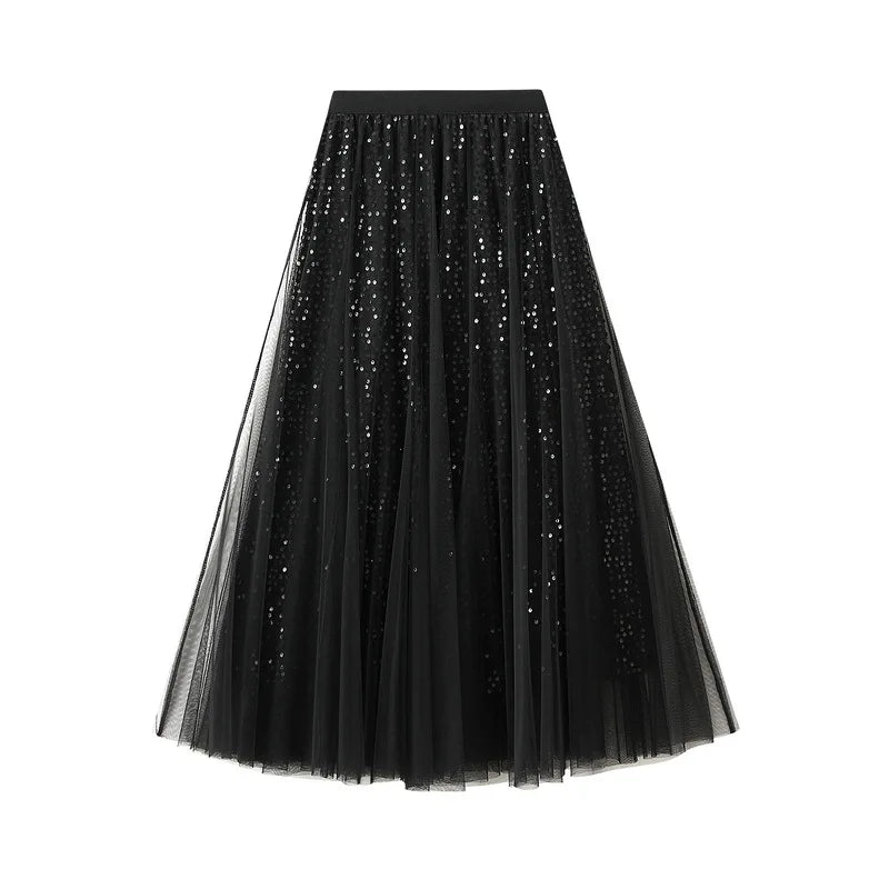 Sparkling Mesh A-Line Pleated Knee-Length Skirt for Women