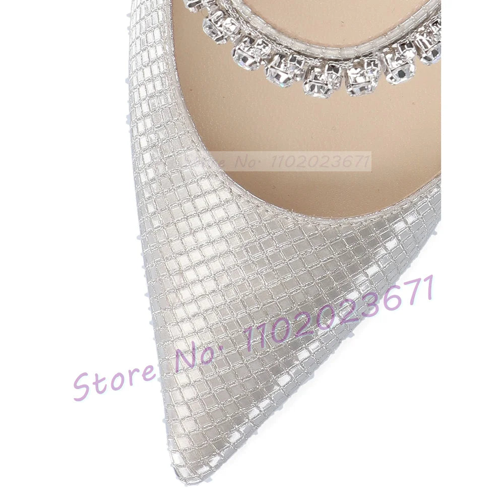 Metallic Silver Rhinestone Arch Strap High Heel Mules for Women