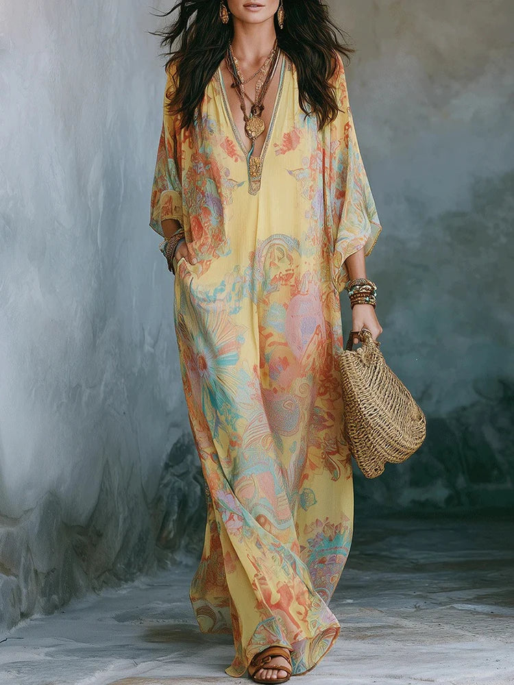 Vintage Print Deep V-Neck A-Line Ankle-Length Dress for Women