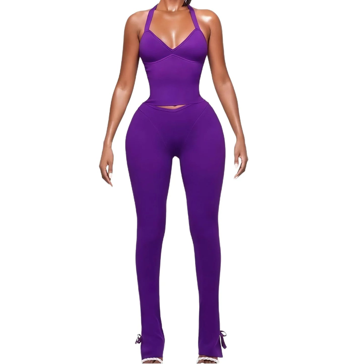 Solid Color Halter Neck Crop Top Two Piece Set for Women