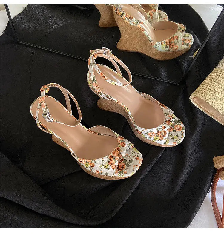 Summer Satin Peep Toe Slingback Wedge Platform Bow Sandals for Women