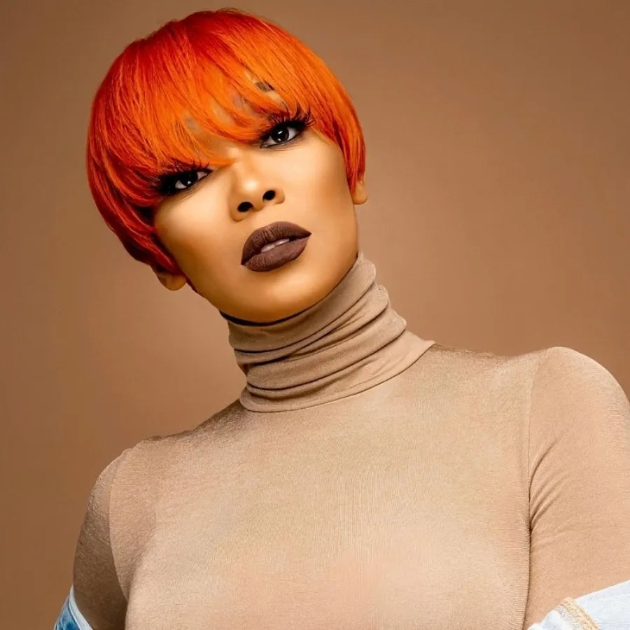Short Orange Pixie Cut Human Hair Wig With Bangs For Women