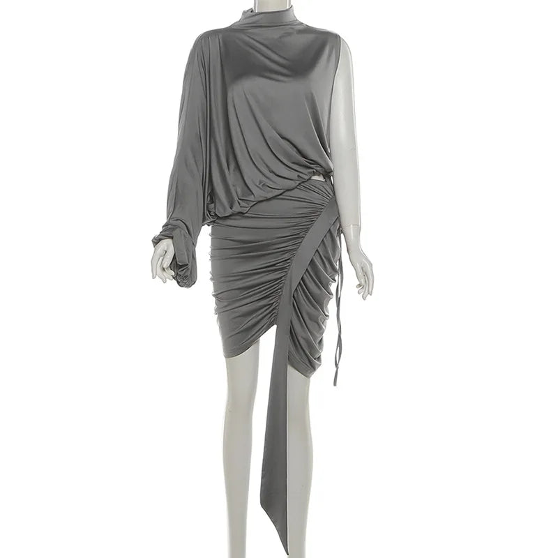 Asymmetrical Ruched One Shoulder Turtleneck Top Two Piece Set for Women