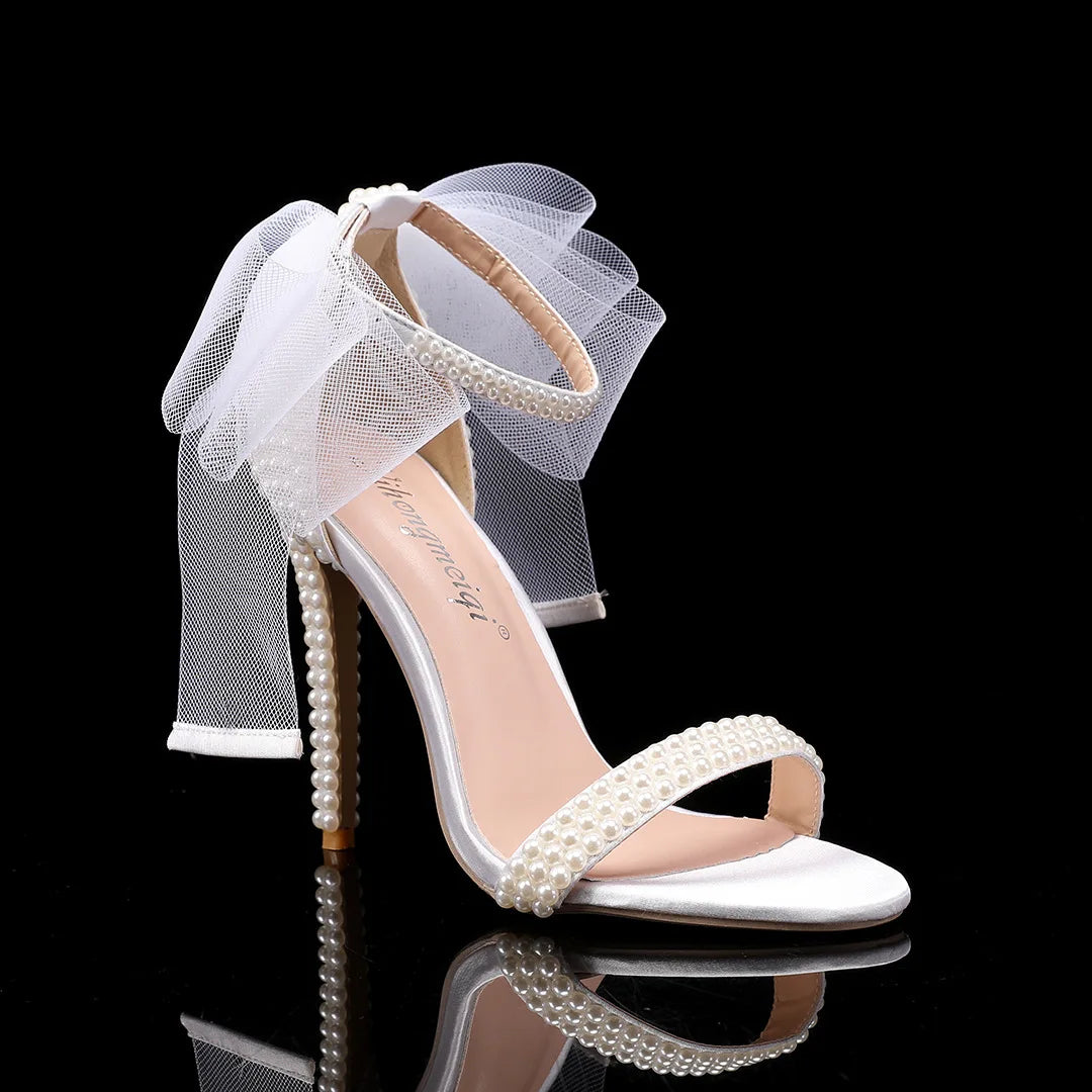 Elegant Pearl Beaded Mesh Bowknot Sandals for Women