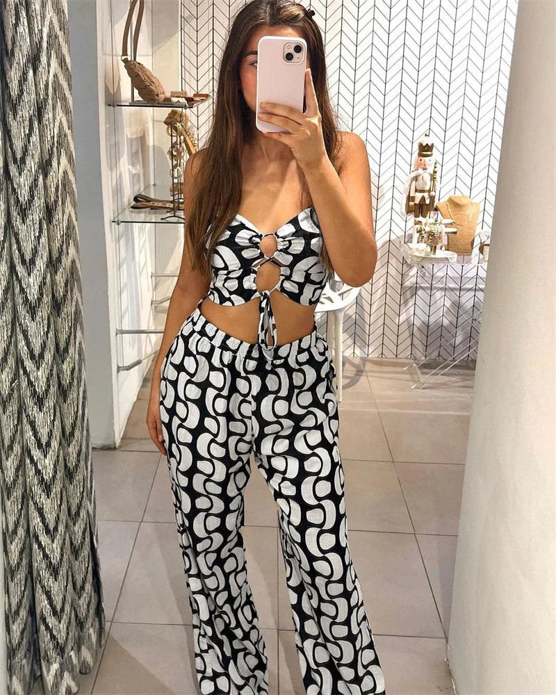 Black White Print 2 Piece Outfit Set Women Clubwear Hollow Out Spaghetti Strap Lace-up Crop Top and Wide Leg Pants Matching Sets
