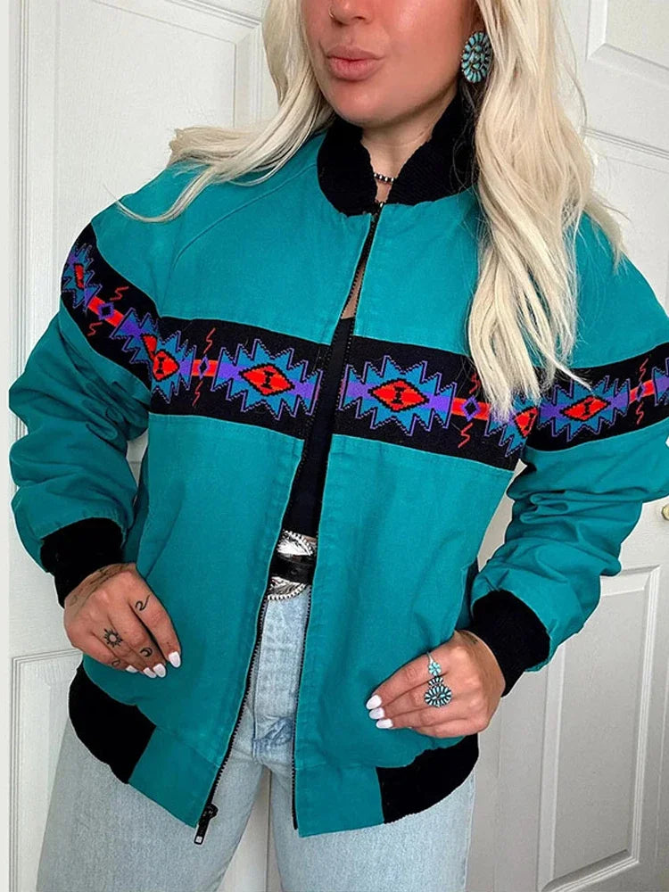Printed Zippered Stand Collar Lightweight Jacket for Women