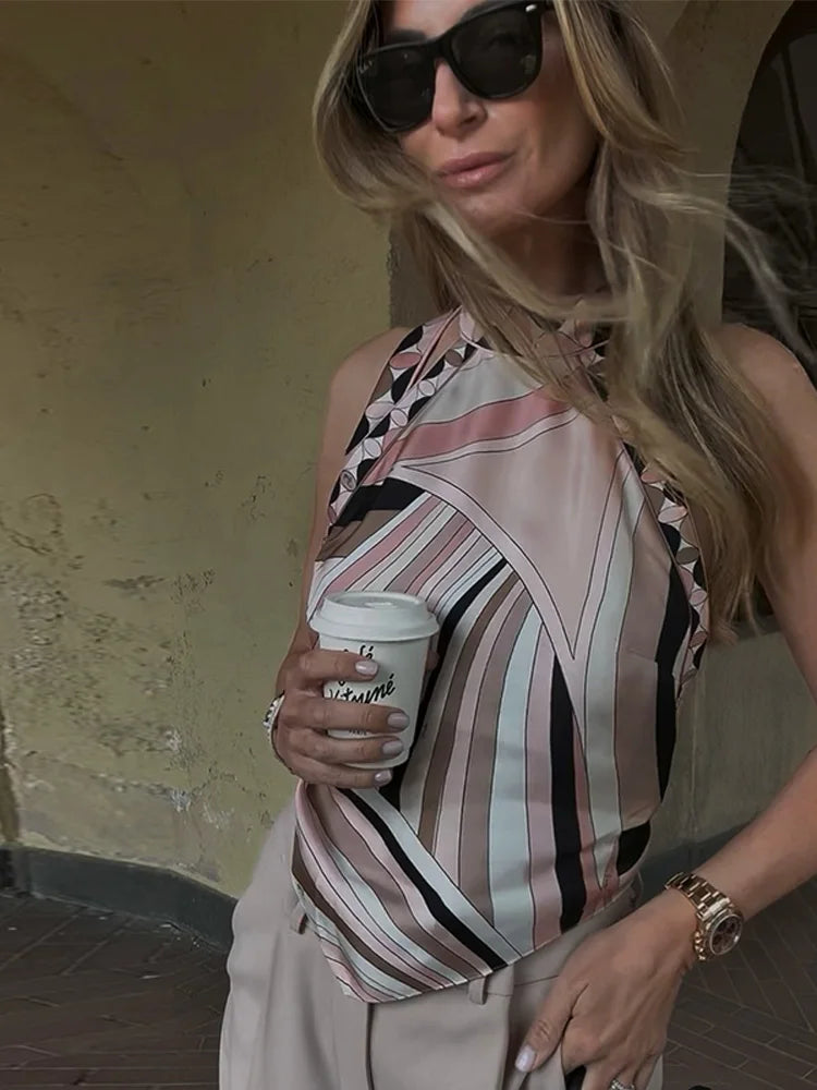 Geometric Print Top pant suits Women two pieces set round neck long sleeve Blouse loose pant Vacation Beach vacation pant outfit