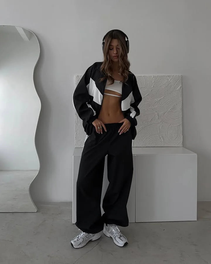 Casual Contrast Color Zipper Tracksuit Set for Women