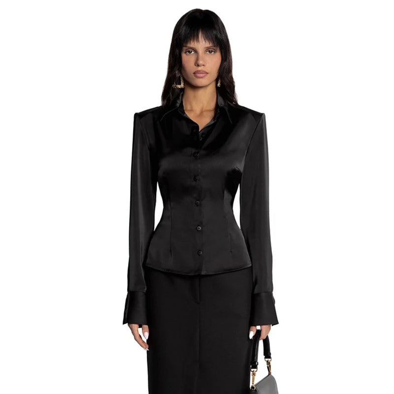 Elegant Satin Long Sleeve Button-Up Shirt for Women