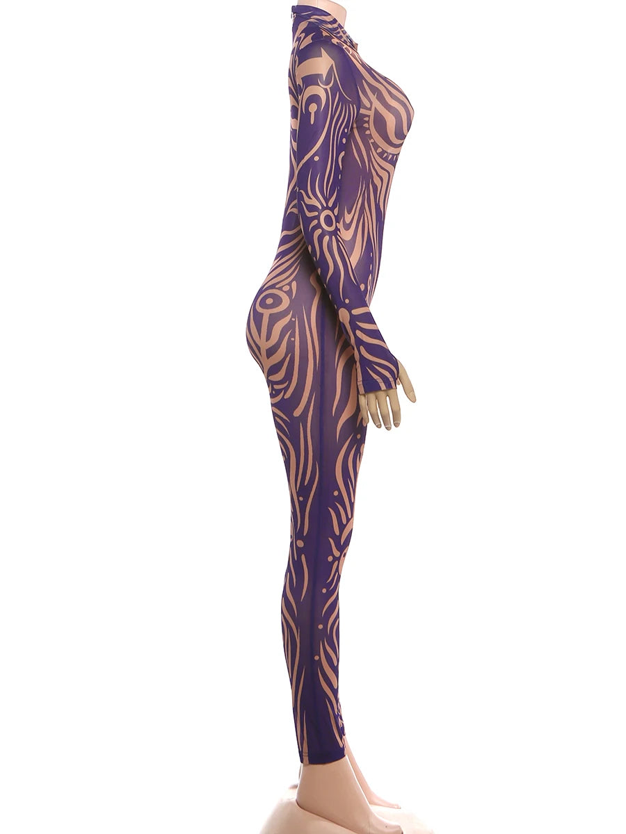 Striped Stretch Turtleneck Long Sleeve Jumpsuit for Women