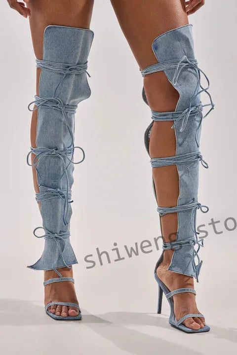 Lace Up Stiletto Pointed Toe Thigh High Boots for Women