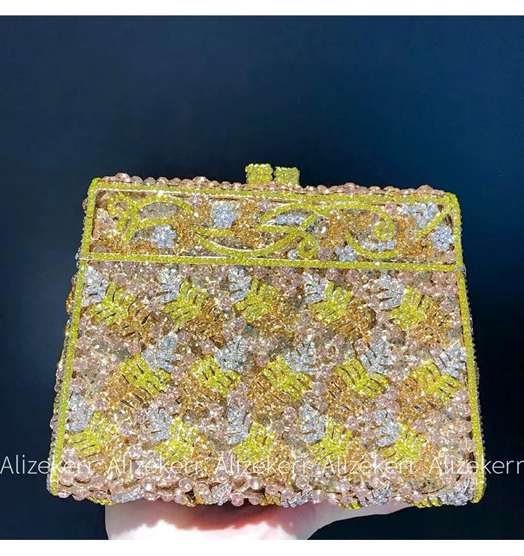 Metallic Leaf Diamond Evening Bag With Rhinestone Accents for Women
