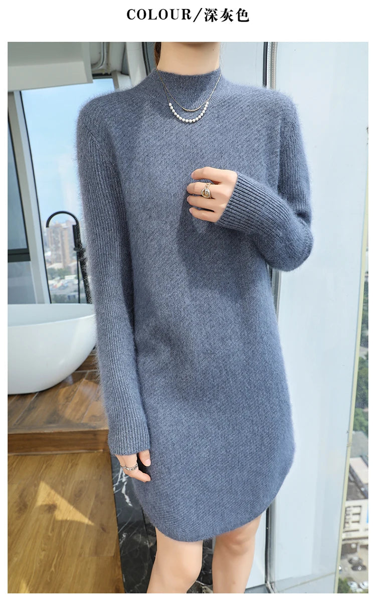 Warm Loose Fit Jacquard Knit High Neck Knee Length Dress for Women