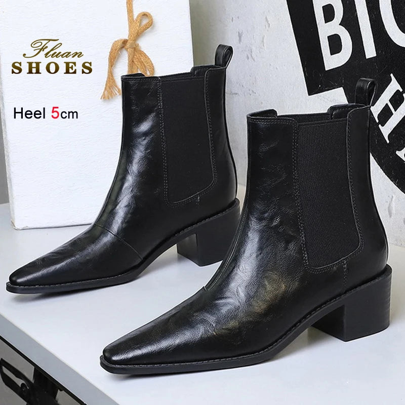 Black Pointed Toe Block Heel Ankle Boots