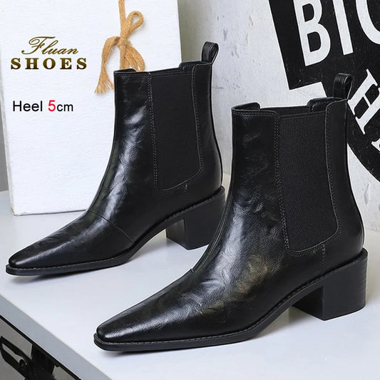 Black Pointed Toe Block Heel Ankle Boots