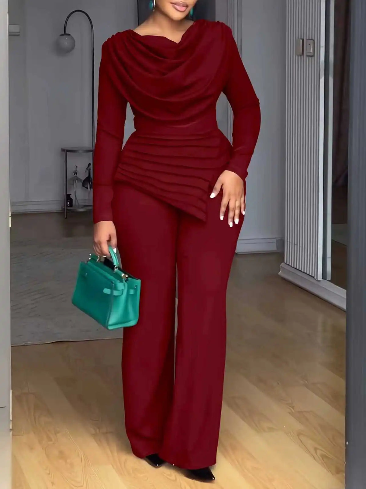 Casual Pile Collar Two Piece Wide Leg Pants Set for Women