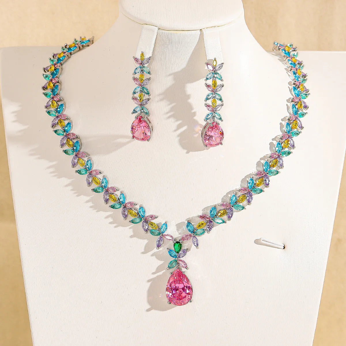 Colored Zircon Necklace and Drop Earrings Set for Women